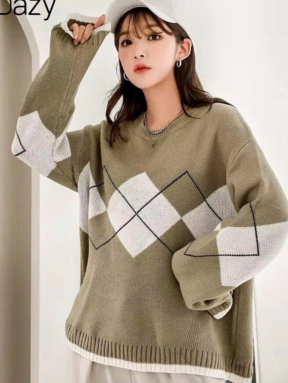 DAZY Argyle Pattern Drop Shoulder Sweater Green & White, Women’s Small